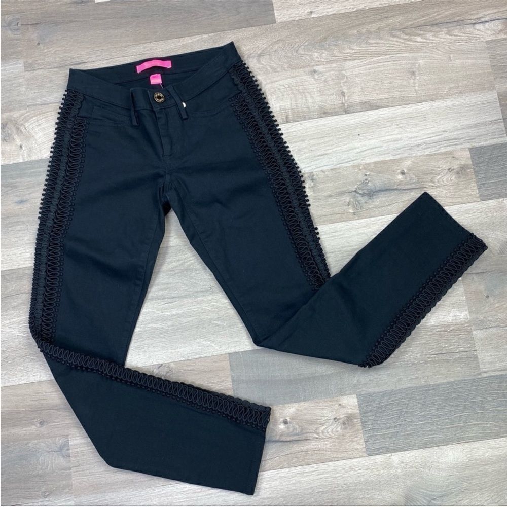 Lilly Pulitzer Skinny Jeans Womens 00 Black South Ocean Ribbon Lace Leg Ankle